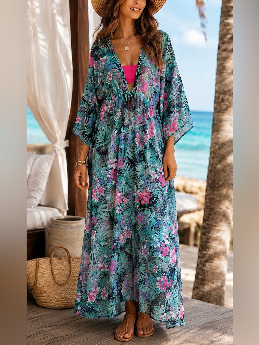 The Look Factory Tropical Floral Caftan Cover Up Maxi Dress Boho Resortwear